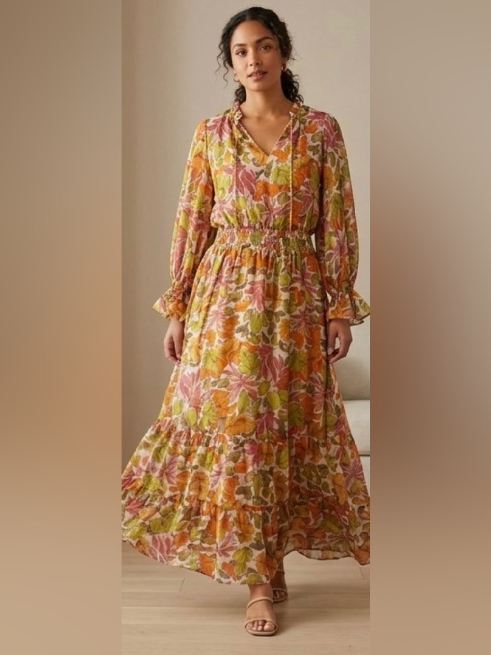 Floral Tie-Neck Maxi Dress in Multi-Color